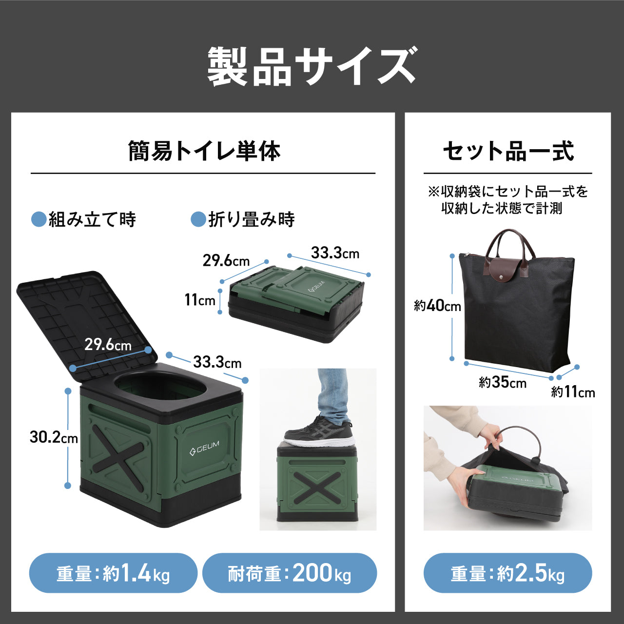 【GEUM】【防災士監修】簡易トイレ 折りたたみ ポータブルトイレ 防災 アウトドア 介護用 にも使える 携帯トイレ 20回分 凝固剤 汚物袋 収納袋 手袋 テッシュ 目隠しポンチョ 手持ち収納袋付き 耐荷重200kg 【1年保証&説明書&防災ガイドブック付き】GEUM028