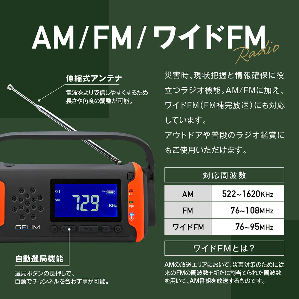 【GEUM】【防災士監修】多機能防災ラジオ 5800mAh スマホにも充電可能 AM/FMラジオ ワイドFM対応 LEDライト イヤホンジャック機能付き SOSアラーム 防水 IPX3 USB充電 ソーラー充電 手回し充電 乾電池 防災ガイドブック付き【1年保証】GEUM016
