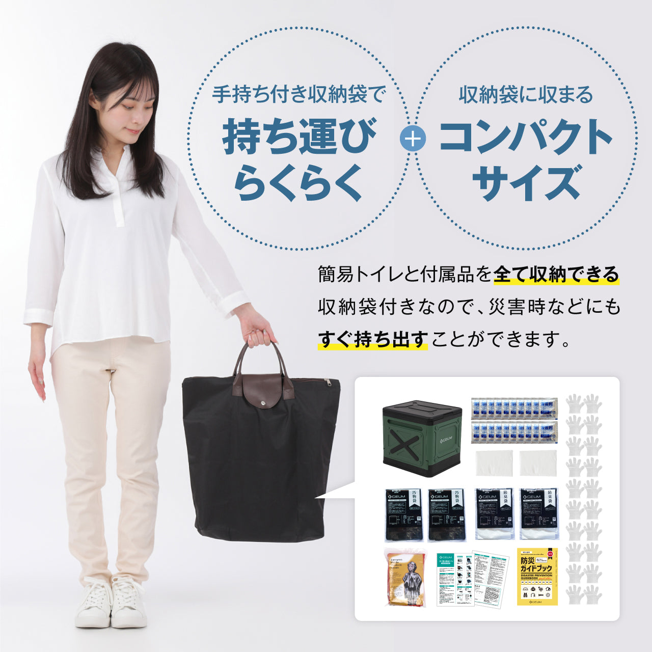 【GEUM】【防災士監修】簡易トイレ 折りたたみ ポータブルトイレ 防災 アウトドア 介護用 にも使える 携帯トイレ 20回分 凝固剤 汚物袋 収納袋 手袋 テッシュ 目隠しポンチョ 手持ち収納袋付き 耐荷重200kg 【1年保証＆説明書＆防災ガイドブック付き】GEUM028