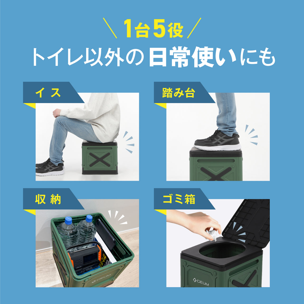 【GEUM】【防災士監修】簡易トイレ 折りたたみ ポータブルトイレ 防災 アウトドア 介護用 にも使える 携帯トイレ 20回分 凝固剤 汚物袋 収納袋 手袋 テッシュ 目隠しポンチョ 手持ち収納袋付き 耐荷重200kg 【1年保証＆説明書＆防災ガイドブック付き】GEUM028