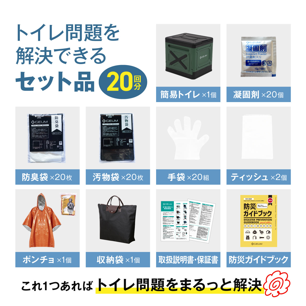 【GEUM】【防災士監修】簡易トイレ 折りたたみ ポータブルトイレ 防災 アウトドア 介護用 にも使える 携帯トイレ 20回分 凝固剤 汚物袋 収納袋 手袋 テッシュ 目隠しポンチョ 手持ち収納袋付き 耐荷重200kg 【1年保証＆説明書＆防災ガイドブック付き】GEUM028